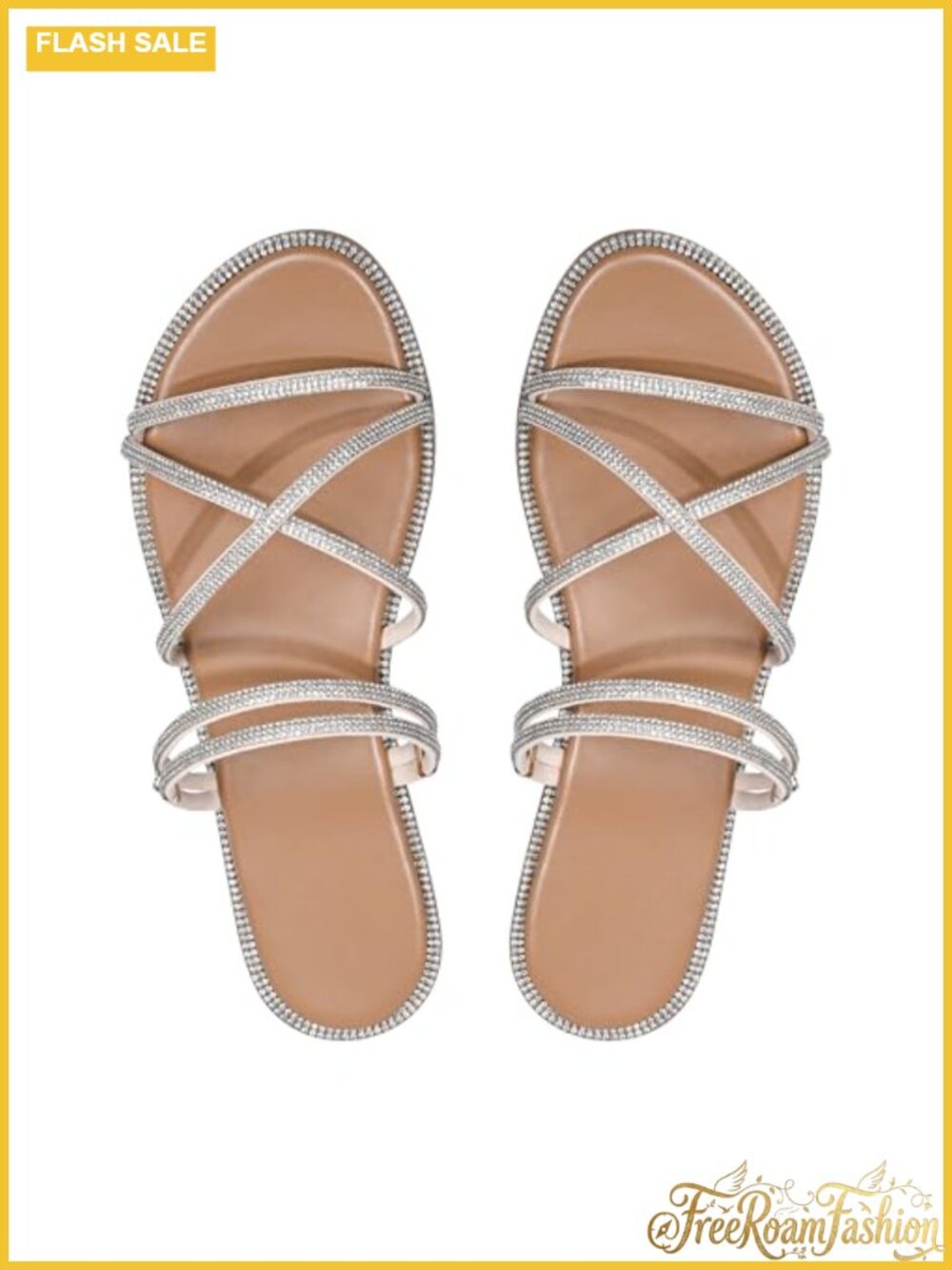 Glitter Rhinestone Slip On Strappy Flat Sandals Faux Leather